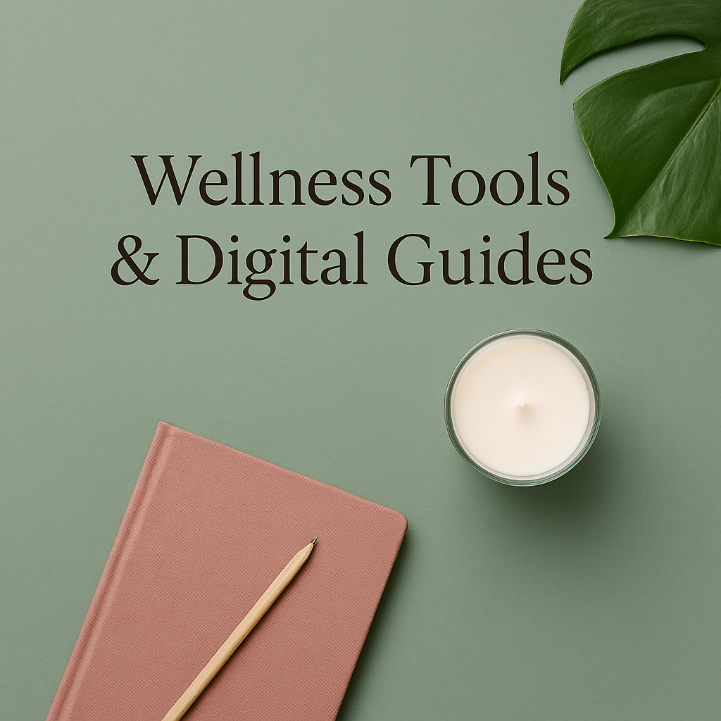 Flat lay of wellness workspace with notebook, pencil, candle, and tropical leaf on muted green background, centered around the phrase “Wellness Tools & Digital Guides.”
