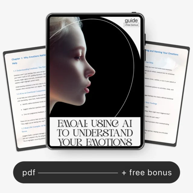 A digital tablet displaying the cover of the EmoAI guide titled “Using AI to Understand Your Emotions,” with preview pages of the emotional intelligence workbook behind it.