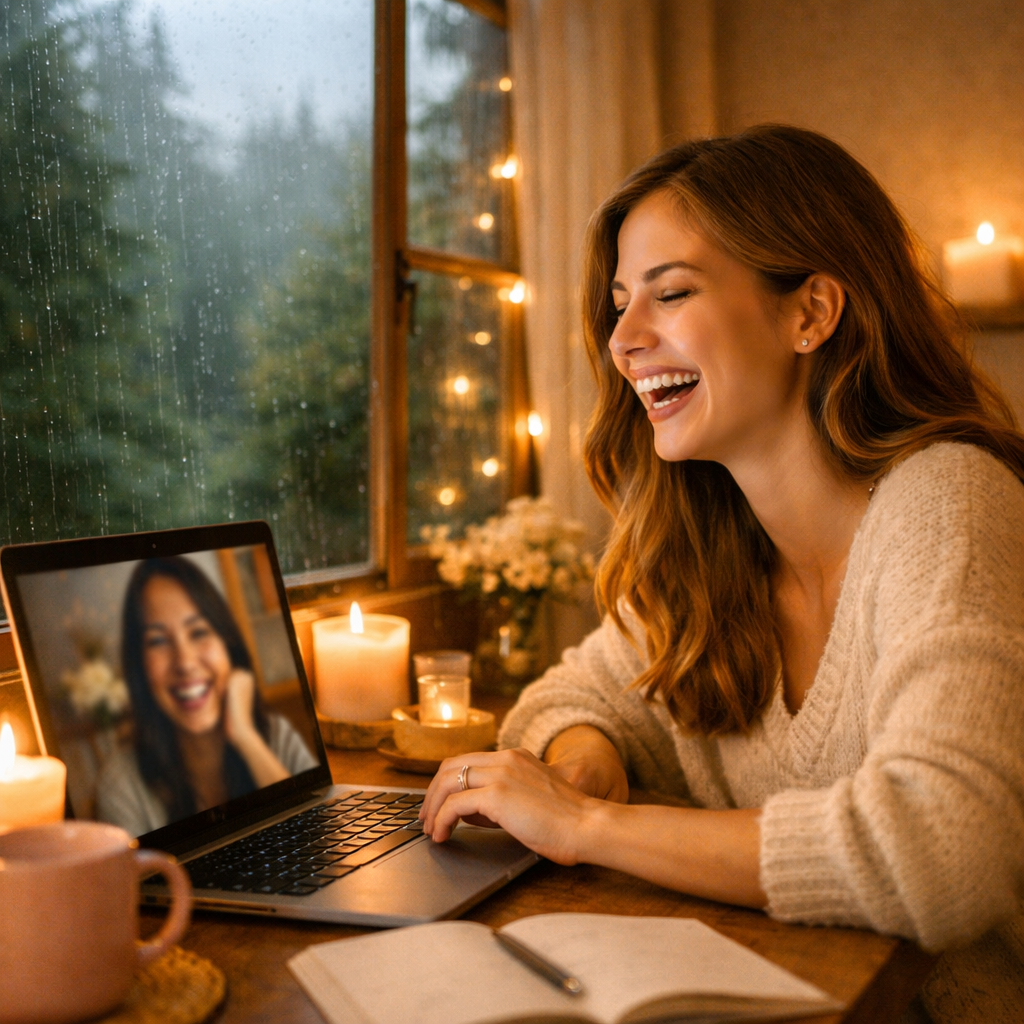 A young woman with light brown hair smiles warmly while typing on her laptop in a softly lit room. Candles, fairy lights, and a pink mug create a cozy, feminine atmosphere.