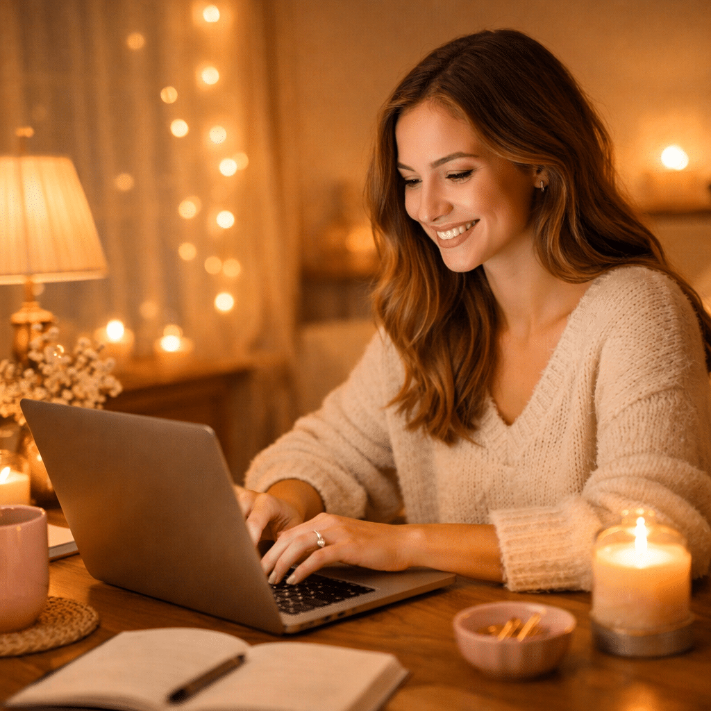 Long‑Distance Friendship - A young woman with light brown hair smiles warmly while typing on her laptop in a softly lit room. Candles, fairy lights, and a pink mug create a cozy, feminine atmosphere.
